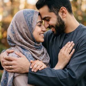 Close-up of a couple embracing, with a focus on their hands and faces.