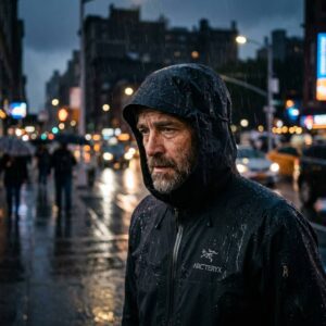 Man wearing a black raincoat in a rainy environment