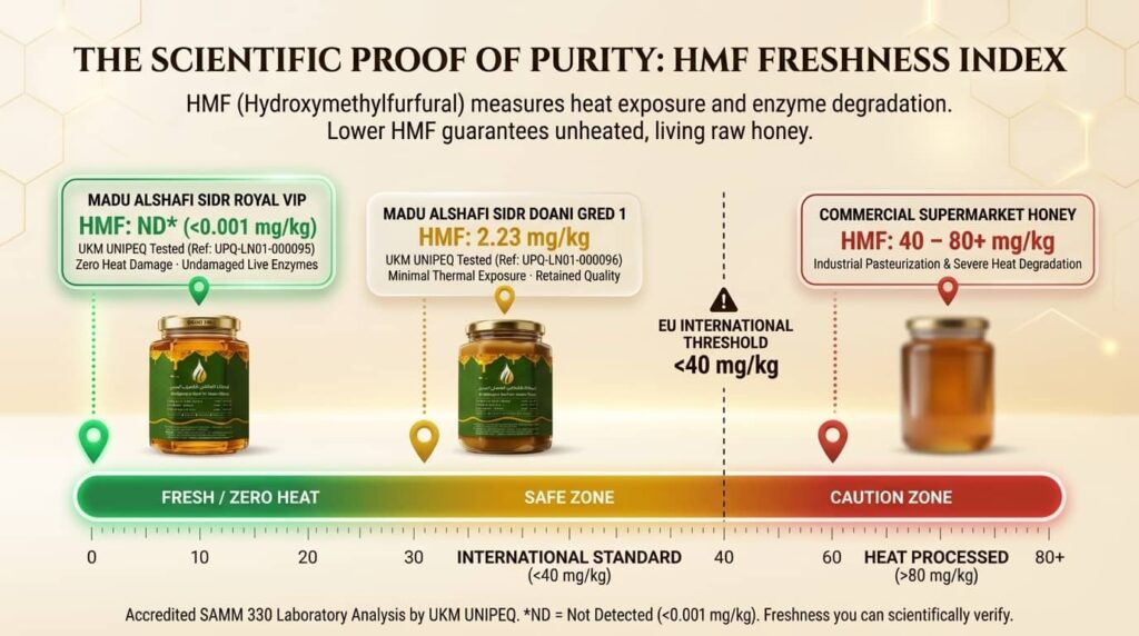 HMF madu scale — dari Not Detected (paling segar) ke melebihi 80 mg/kg (diproses atau lama)