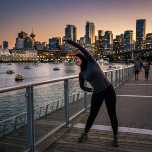 Person stretching by a waterfront with a city skyline in the background