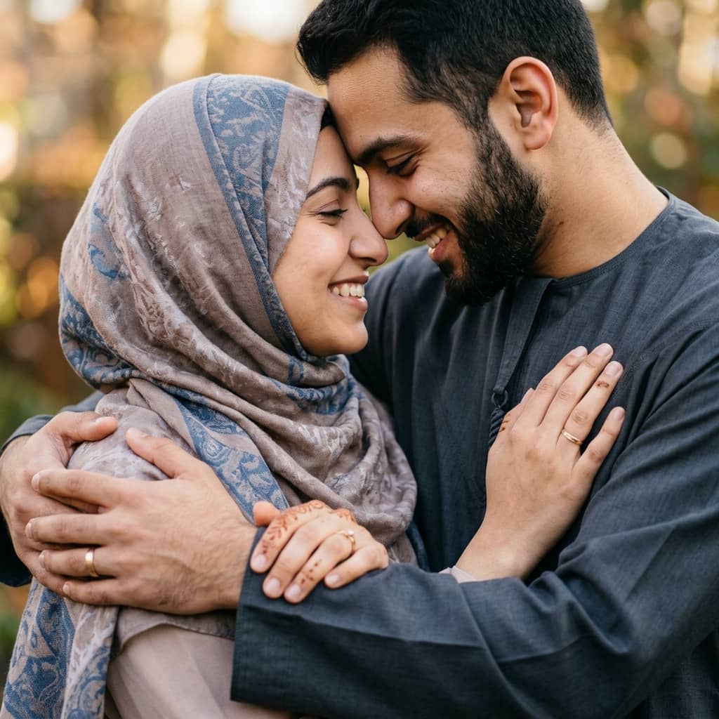 Close-up of a couple embracing, with a focus on their hands and faces.